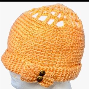 Vintage Women’s Knit Crocheted Winter Hat Orange Blue w/Side Bow & Gold Buttons